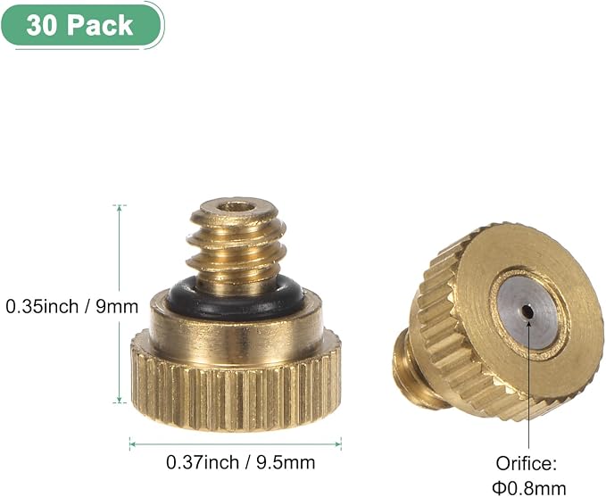 M METERXITY 30-Pack Brass Misting Nozzle, 0.032" 0.8mm Orifice 10/24 UNC O-Ring Replacement Mister Nozzles Plug Mister Heads for Garden Patio Outdoor Cooling System Low-Pressure Atomizing
