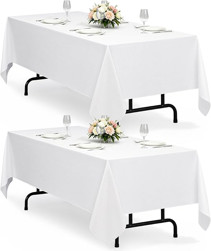 Decorelia White Reusable Waterproof Table Cloths for 8 Ft Rectangle Table-2 Pack, Washable Polyester Rustic Rectangular Table Cloth Cover for Wedding,Outdoor,Events, Party,Banquet, Dining, 60x120 Inch