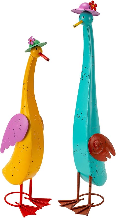 22" Duck Garden Statue Set of 2 Metal Ducks, Duck Outdoor Decor Animal Yard Art Sculptures for Patio Porch Lawn Backyard