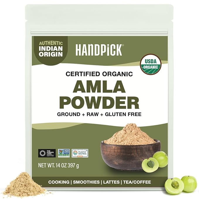 HANDPICK Organic Amla Powder (14oz) Amalaki, USDA Organic, Non-GMO | 100% Raw and Natural - Lab Tested for Purity | Indian Gooseberry Powder | Resealable Zip Lock Pouch (Packaging may vary)