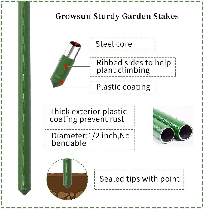 Growsun 6ft Garden Stakes Metal Plastic Coated Plant Cage Supports Tomato Stakes Trellis Climbing for Tomatoes,Trees,Cucumber,Fences,Beans,25 Pack