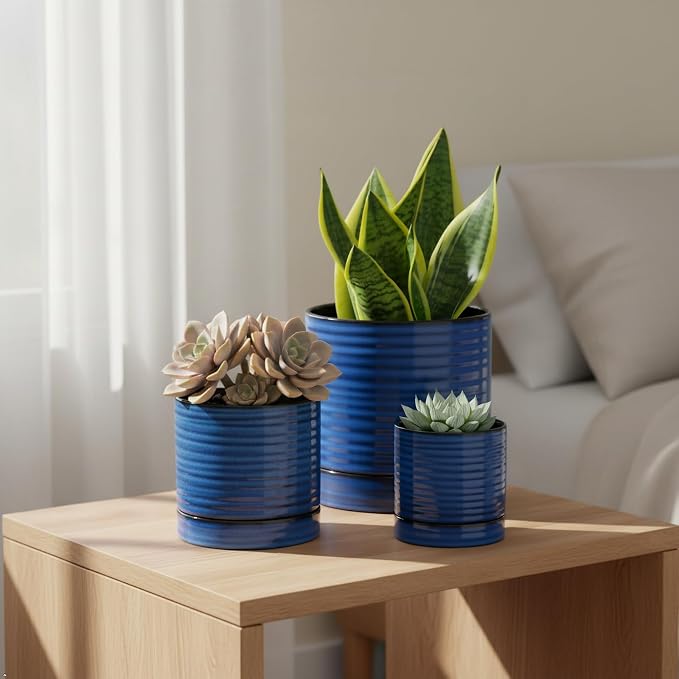 HASENSE Ceramic Pot for Indoor Plant, 8+6+4.6 Inch Planter with Drainage Holes and Saucer, Reactive Glaze Blue Flower Pots for Home Office Decor, Set of 3