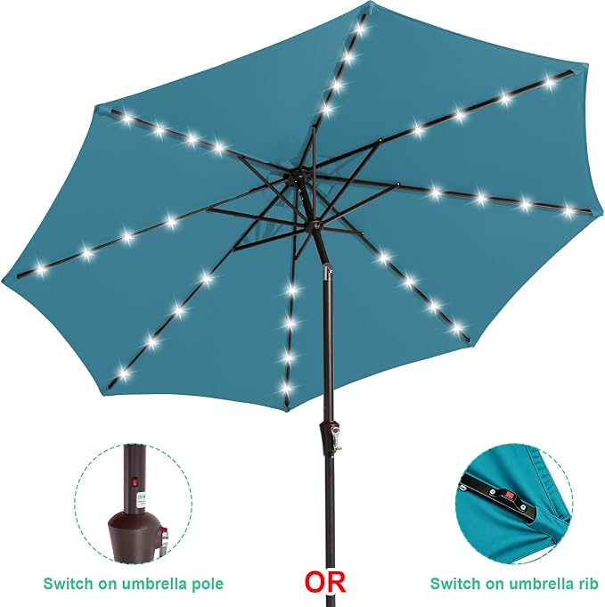 JEAREY 9FT Outdoor Patio Umbrella with Solar Lights, LED Lighted Pool Umbrella with Tilt and Crank, Outdoor Table Umbrellas for Deck, Yard & Market (Lake Blue)