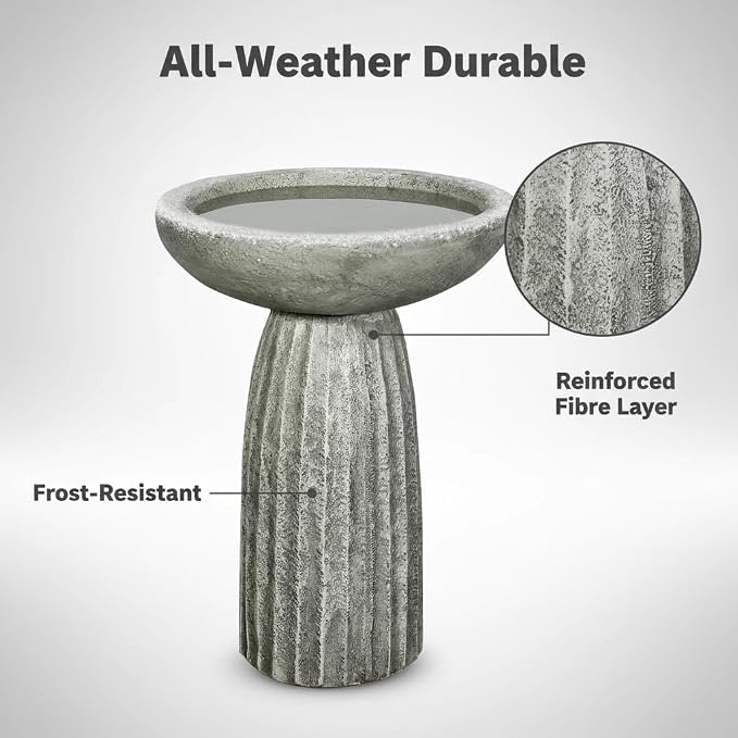 SunJet Modern Bird Bath, 24.4inches Height Fibre-Reinforced Concrete Birdbath with Textured Pedestal for Outdoor Garden, Yard, Lawn Decor