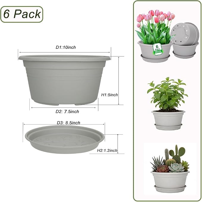MRPAPA 6Pack Round Plastic Pots for Plants, Outdoor Planters with Drainage Hole & Tray Saucer, Decoration Large Flower Pots for Indoor Outdoor Garden Home Plants (6, Gray White, 10 Inch)