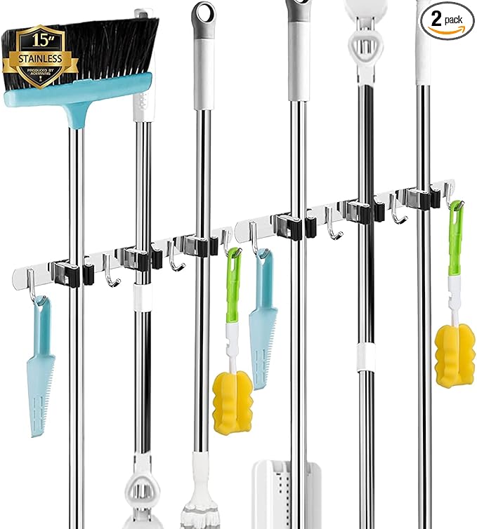 2 Pack 3 Racks and 4 Hooks Broom and Mop Holder Wall Mounted Garage Organizer Storage Tool Racks Stainless Steel Heavy Duty Hooks Self Adhesive Solid Non-slip Wall Hangers for Home Kitchen Garden | Mop Holder Wall Mount and Broom Hanger for Garage, Lau...