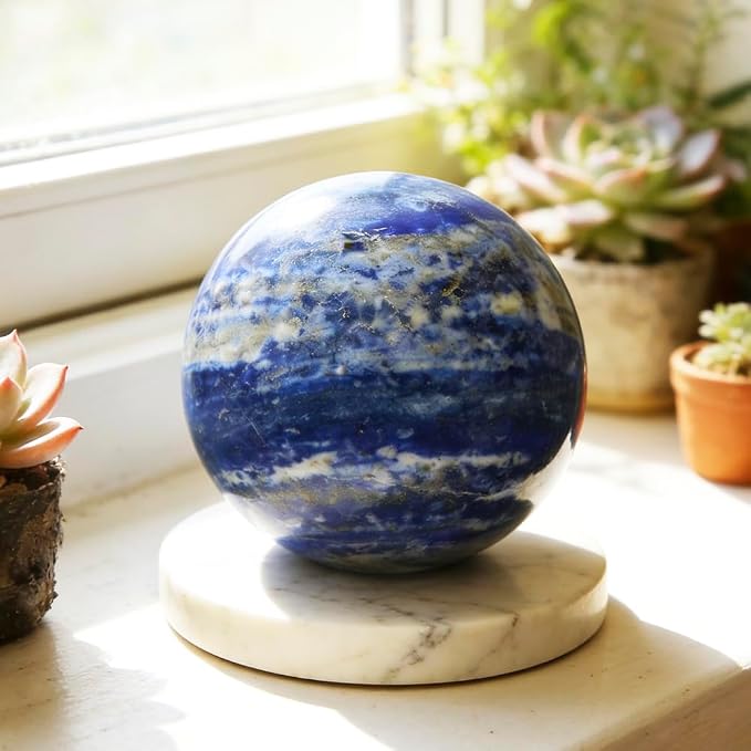 2.4-2.8 inch (6-7 cm) Natural Lapis Lazuli Crystal Ball with Stand, Hand Polished Divination Stone Sphere, Reiki Healing Gemstone Sphere, Home Art Decor Ornament, Mineral Collectible Craft Gift