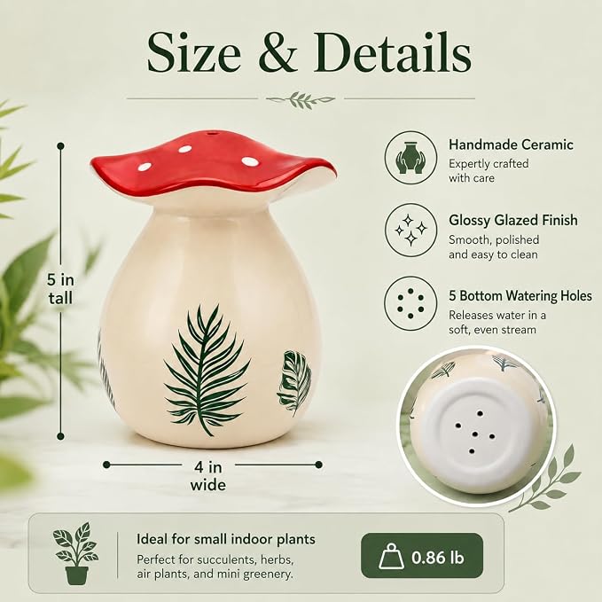 Cute Thumb Watering Can, Mushroom Decor Indoor/Outdoor, Handmade Ceramic Watering Bell, Cottagecore Decor Aesthetic Mushroom Merchandise, Plant House Warming Gifts