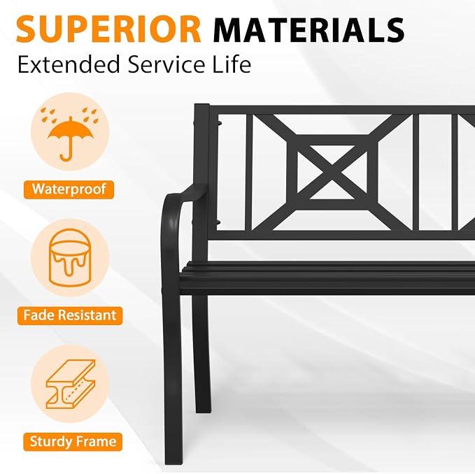 Outdoor Bench Garden Bench, 50" Anti-Rust Patio Bench Clearance, Iron Metal Frame Outdoor Benches Weatherproof for Front Porch, Yard, Lawn, Deck
