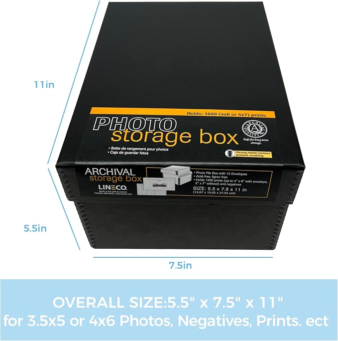 Lineco 4x6 Photo Storage Box, with 12 Acid-Free Envelope, 5.5x7.5x11, Black | Holds Up to 1000 3.5" x 5", or 4" x 6" Pictures, Metal Edge, Archival Organizer for Cards, Prints, Stickers, Stamps, Seeds