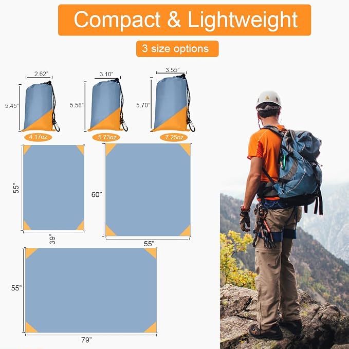Orga'Neat Pocket Picnic Blanket, Beach Mat Waterproof Sandproof, Compact Lightweight Small Tarp for Camping, Hiking, Backpacking, Festival, Travel, Foldable in Bags (Grey/Orange, 55"x79")