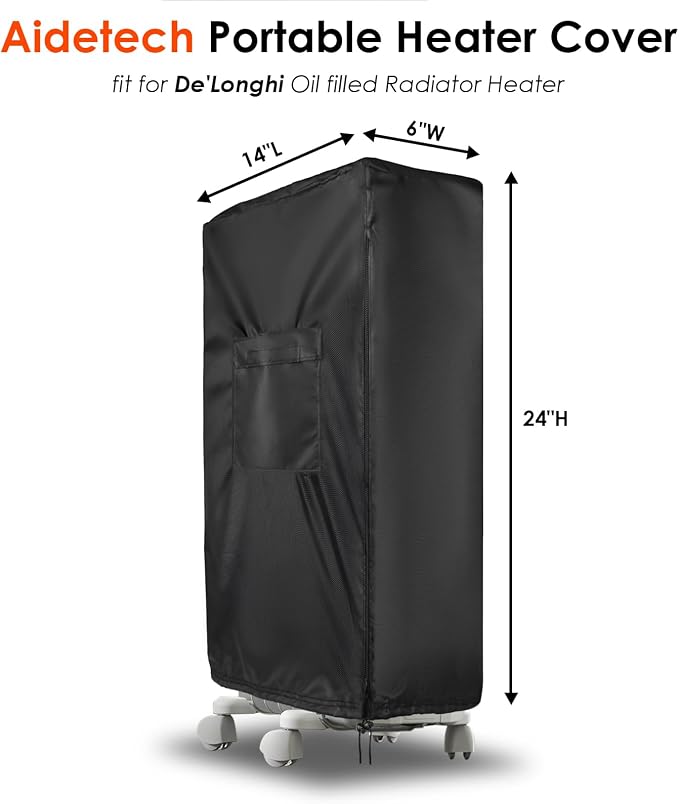 Portable Heater Cover for De'Longhi-14"L x 6"W x 24"H | Waterproof Space Heater Cover for Indoor Outdoor Use, Black