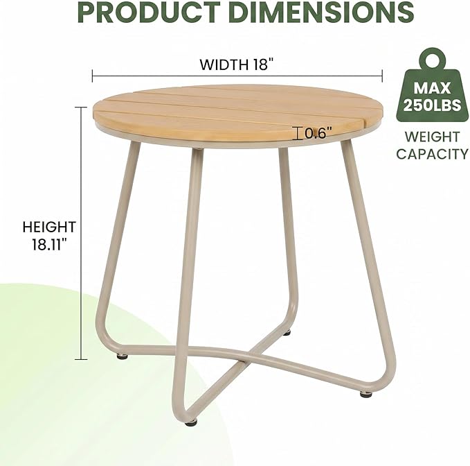 danpinera Outdoor Side Tables, HDPS Patio Table with Metal Legs | 18 Inch Outdoor Small Round Table for Garden, Backyard, Porch, Deck, Balcony, Poolside, Natural