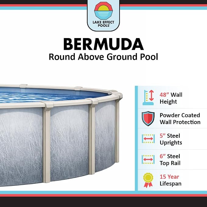 Lake Effect Pools 'Bermuda' 27 ft Round Above Ground Swimming Pool | 48 Inch Walls | 6" Steel Top Ledge | Bundle Includes: 25 Gauge Overlap Liner & Widemouth Skimmer