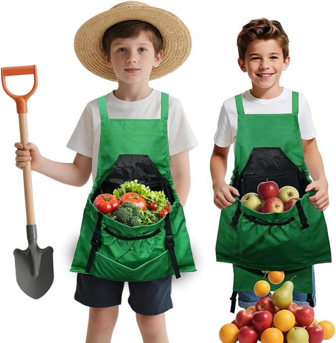 Kids Gardening Apron,Canvas Garden Apron with Pockets and Harvesting Pouch for 6-12 Grils and Boys