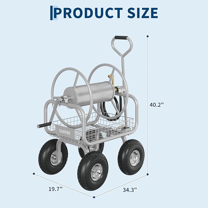 Garvee Garden Hose Reel Cart with Wheels, Hold Up to 300 ft of 5/8" Hose, Heavy Duty Water Hose Reel with Storage Basket, Mobile Outdoor Hose Storage for Garden, Yard, Farm