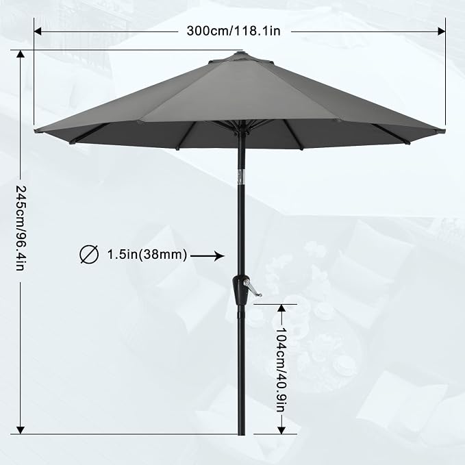 MASTERCANOPY 10FT Patio Umbrella with Push Button Tilt and Crank, Outdoor Market Umbrella with 8 Sturdy Ribs, UV Protection & Waterproof for Garden, Deck, Backyard, Pool (Dark Gray)