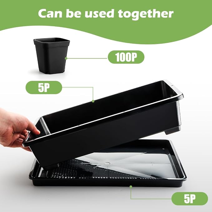 RooTrimmer 5 Pack Soil Blocking Trays with 2.8 inch (7CM) Square Nursery Pots 100pcs, Plastic Flat Plant Tray for Holding or Collecting Drainage Water, Seed Starter Tray for Seed Germination (Black)