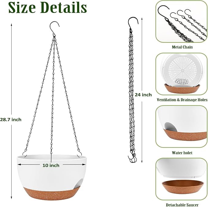 Hanging Planters for Outdoor Indoor Plants, 2 Pack 10 Inch Hanging Basket Plants Outdoor, Self Watering Hanging Planter with Plant Hanger for Garden Home Decoration (White, 10 inch)