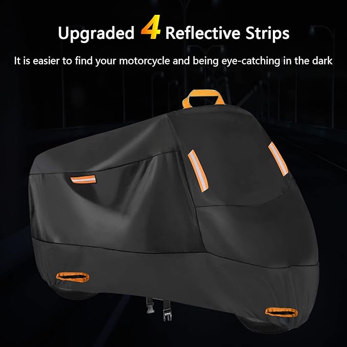 SECELES 300D Heavy Duty Motorcycle Cover Fits up to 86" Yamaha | All Season Durable Scooter Cover,4 Reflective Strips,Lock-Holes,Windproof Buckles,for Cruiser Sportbike Dirt Bike,86"x37"x50"