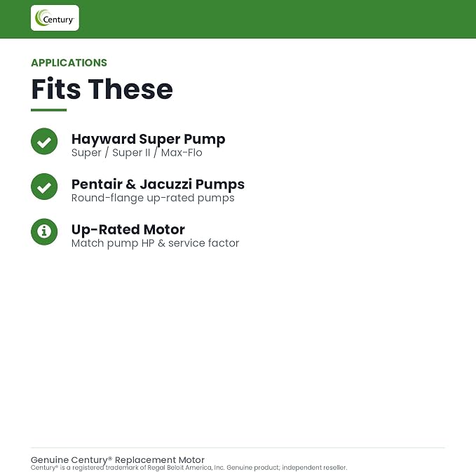 Century UST1102 1-Horsepower Up-Rated Round Flange Replacement Motor (Formerly A.O. Smith) | 56J round flange C-face, 5/8 in shaft, 7/16-20 right hand thread, CCW from the pump end, run capacitor not included