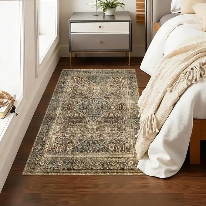 Brown 3x5 Rug Non-Slip: Washable Area Rug for Bedroom Entryway Kitchen Bathroom Indoor - Vintage Home Decor Mat Carpet - Oriental Dark Brown