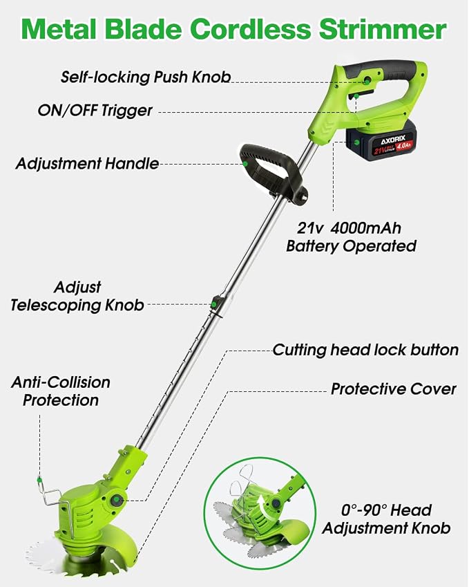 21V Weed Wacker Cordless, Electric Weed Eater Battery Powered | 2Pcs 4000mAh Batteries, 3 Types Blades, Lightweight Cordless Brush Cutter, Stringless Grass Trimmer, Green