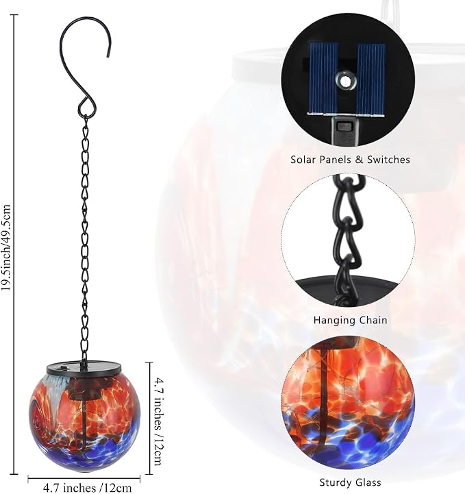 Solar Hanging Lanterns Outdoor, Solar Gazing Ball Lights, Waterproof Hanging Glass Light for Garden Yard Tree Home Xmas Decoration, Blue Splash-Ink