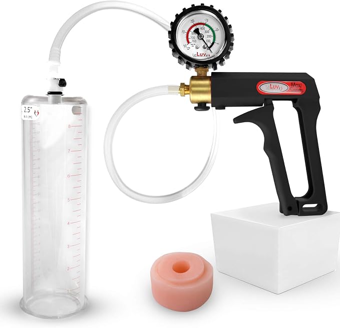 LeLuv Penis Pump Maxi Black Handle + Protected Gauge - Bundle with Clear Hose, Silicone Donut Seal - 9 inch Length x 2.50 inch Diameter Cylinder