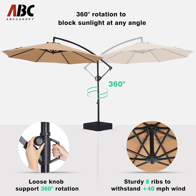 ABCCANOPY 10FT Cantilever Patio Umbrella with base included, 360° Rotation Outdoor Offset Umbrella Bonus Fix Frame & Weights Bag for Backyard, Deck, Poolside (Khaki)