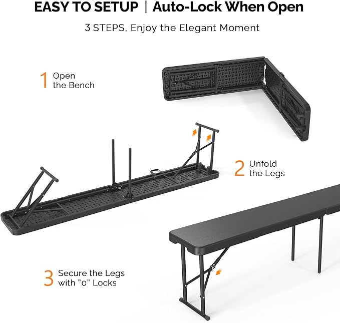 VINGLI 6 feet Plastic Folding Bench,Portable in/Outdoor Picnic Party Camping Dining Seat, Garden Soccer Multipurpose Entertaining Activities, Smooth HDPE Tabletop (2, Black, 6ft)