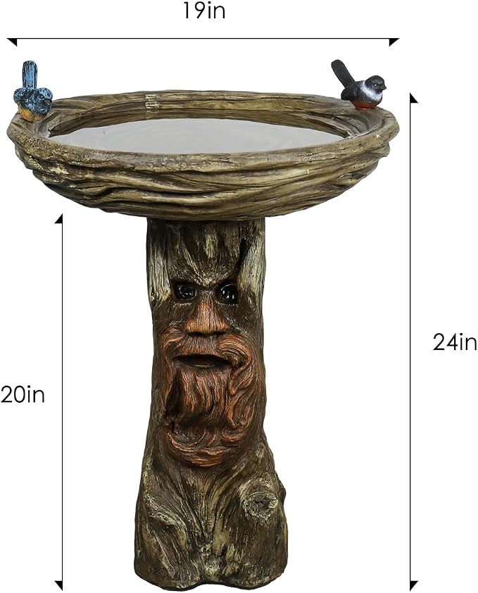 SunJet 24” High x 19” Diameter Outdoor Bird Bath with Tree Face Pedestal - Fibre Reinforced Concrete Birdbaths with Decorative Birds for Garden, Patio, Yard, Lawn Décor