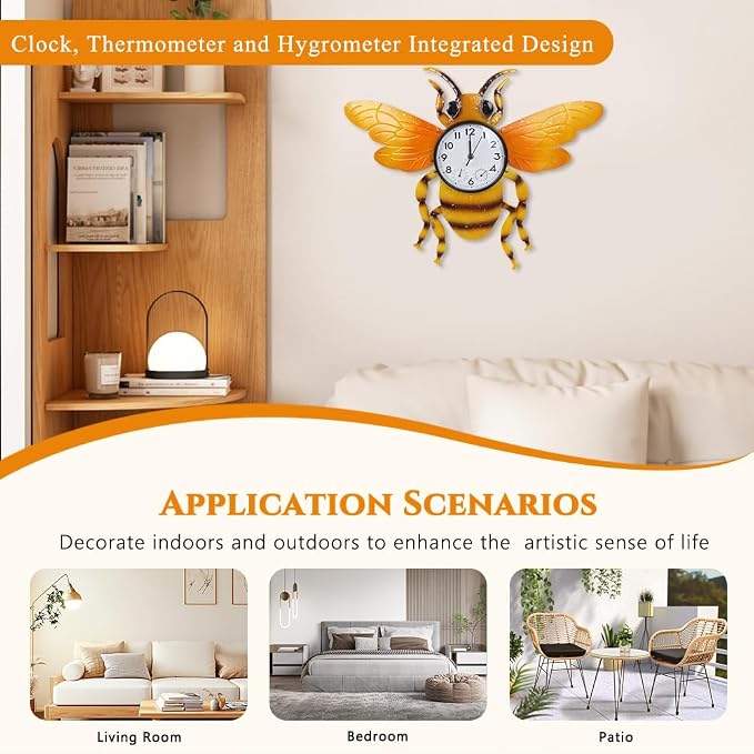 Unique Outdoor Clock Silent None-Ticking, Outdoor Wall Clock with Thermometer & Humidity, Waterproof Outside Clock for Patio, Living Room, Kitchen (Yellow Bee)