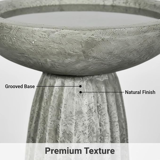 SunJet Modern Bird Bath, 24.4inches Height Fibre-Reinforced Concrete Birdbath with Textured Pedestal for Outdoor Garden, Yard, Lawn Decor
