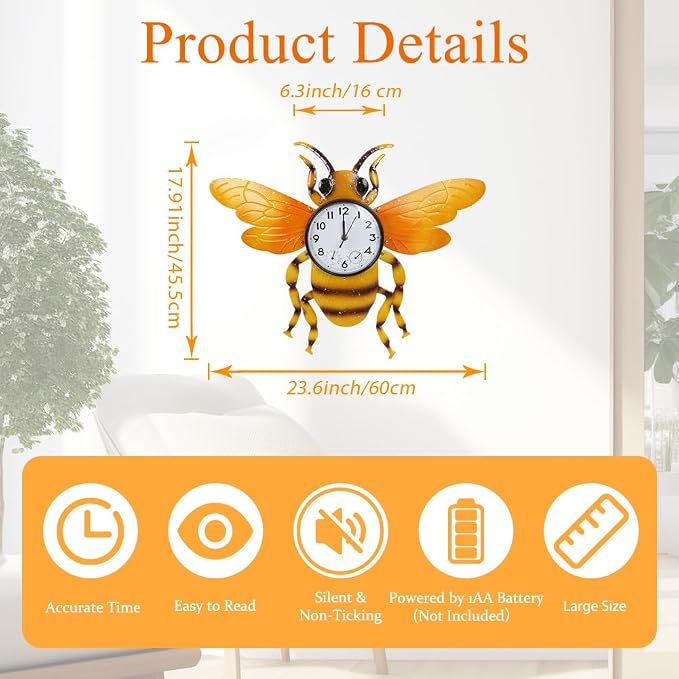 Unique Outdoor Clock Silent None-Ticking, Outdoor Wall Clock with Thermometer & Humidity, Waterproof Outside Clock for Patio, Living Room, Kitchen (Yellow Bee)