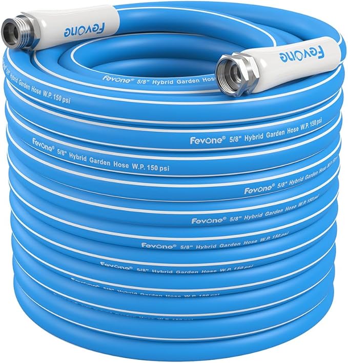 FEVONE Kink Free Garden hose 100 ft, Heavy Duty Water Hose | Drinking Water Safe, Flexible Lightweight Hybrid Polymer, 5/8 ID, 600 PSI, Leak-Free, Aluminum 3/4 GHT Connectors