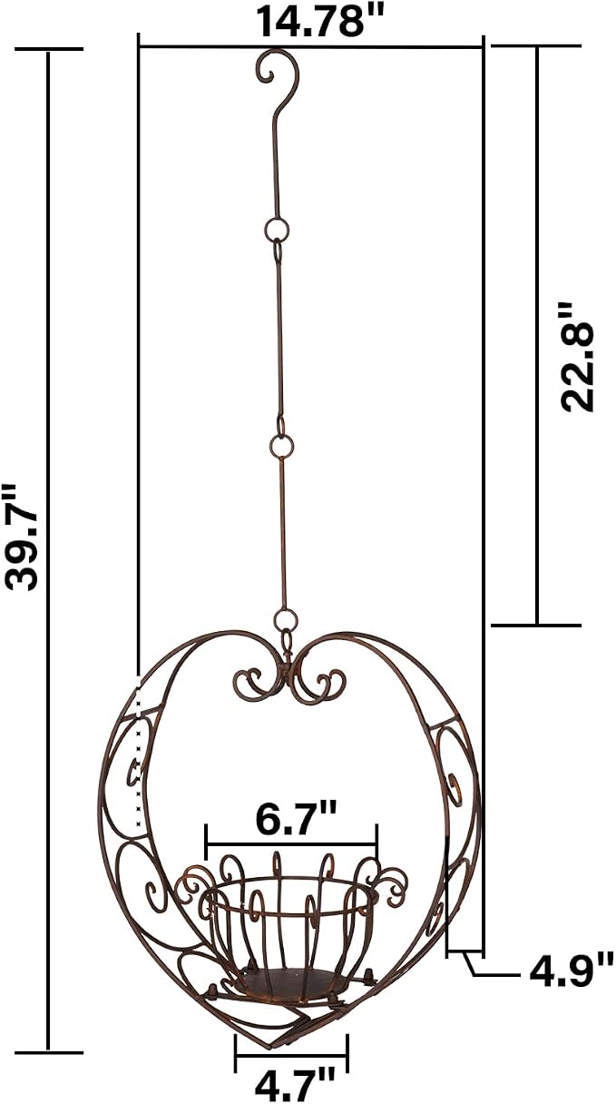 Hanging Plant Holder,Wrought Iron Heart Shape Plant Pot Holder, Indoor & Outdoor Hanging Planters Holder for Patio, Porch, Bedroom, Living Room（Raw Embroidery Color）