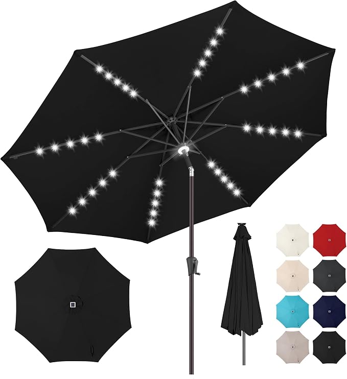 10FT Solar Umbrella Outdoor - Lighted Solar Patio Umbrella with 40 LED Lights Waterproof UV Protection, Table Umbrella with Tilt for Pool, Porch, Garden, Deck, Backyard (Black)