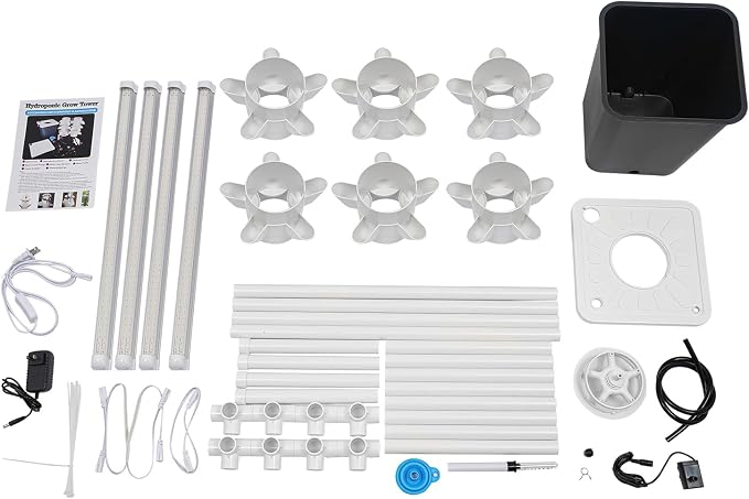 Hydroponic Tower Growing System Kits with LED Grow Lights 30 Pods Indoor Vertical Planter Germination Kit 6 Layers Hydroponic Tower for Fruits, Vegetables, Herbs, and Miniature Greens (Gray)