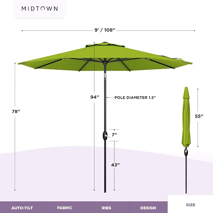Midtown Umbrellas - 10-Year-No-Fade 9 Ft Patio Umbrella with Terylast Fabric, Auto-Tilt Aluminum Frame and 8 Reinforced Ribs for Deck, Pool, Garden & Beach - Pear Green Canopy, Black Pole