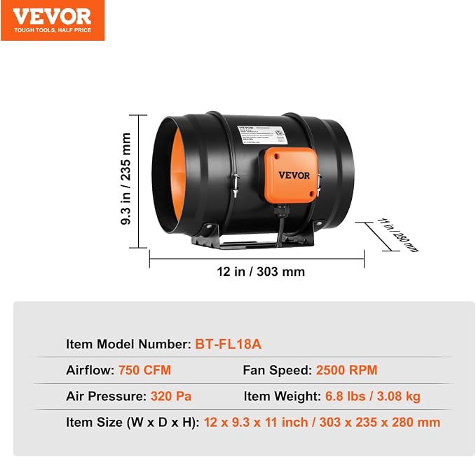 VEVOR 8 inch Inline Duct Fan 750 CFM Ventilation Exhaust Fan Low Noise | for Cooling Booster, Grow Tents, Hydroponics, Quiet AC-Motor, with Variable Speed Controller, Vibration-Free Rubber Mats