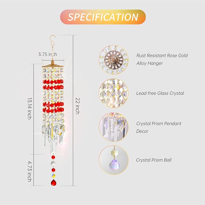 Crystal Wind Chimes Rainbow Suncatcher for Window, Garden, Patio Decor | K9 Crystal Suncatcher, 22 Inches, Creates Rainbows Indoors/Outdoors, Ideal For Gifting, Rose Gold Hooks, Porch/Balcony