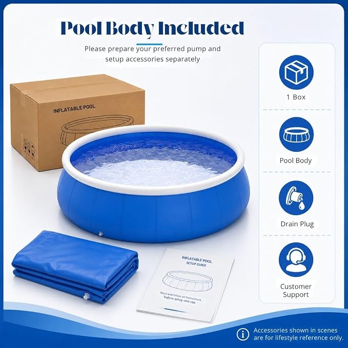 Large Inflatable Pool, 6 ft x 20 in (183 x 51 cm), Blue and White Round 3-Ply Laminated Mesh PVC Backyard Swimming Pool for 2-3 People, Foldable Kiddie Pool for Family Summer Fun