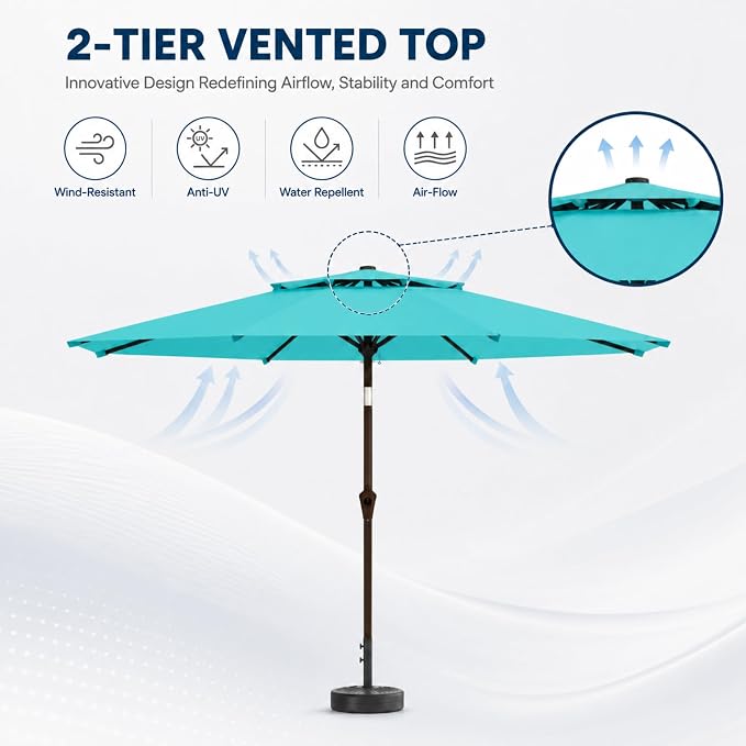 10FT Patio Umbrella, 2 Tier Outdoor Table Umbrella, Large Vented Market Umbrellas with Push Button Tilt and Crank, 8 Sturdy Ribs for Backyard, Deck, Pool, UPF50+ UV Protection