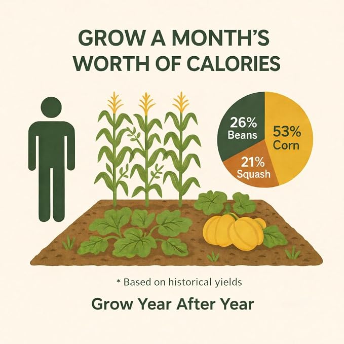 Calorie Crop Survival 1-Month Seed Kit – Grow 30 Days’ Worth of Calories – Heirloom Corn, Beans, and Squash Seeds – Open-Pollinated, Long-Term Storage