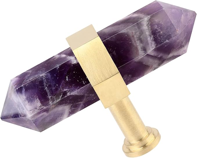 mookaitedecor Set of 2 Amethyst Double Crystal Points Drawer Knobs with Screws, Decorative Stone Cabinet Handle Pulls for Dresser Cupboard Kitchen Decor, Brushed Brass