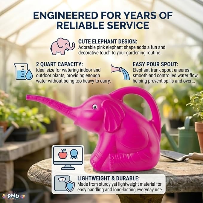 PMU 3Pcs 2-Quart Elephant Watering Can – Durable Plastic Garden Watering Can for Indoor & Outdoor Plants, Easy-Pour Spout, Large Water Pot, Pink