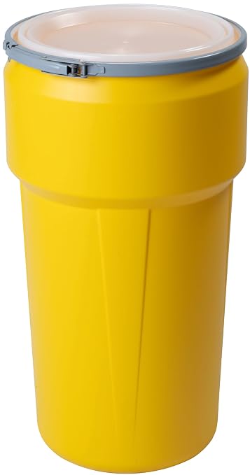 Eagle 20 Gallon Plastic Drum with Lid, Metal Lever-Lock, 30.5"x15.8", Open Head Lab Pack Drum Made of Durable, Lightweight HDPE, Withstands Weather and Chemicals, Made in USA, Yellow, 1623M