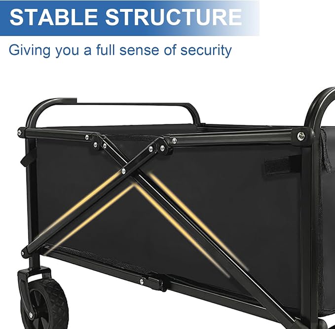 Collapsible Wagon Cart Foldable Portable Heavy Duty Folding Beach Wagons, Outdoor Utility Carts with Large Capacity for Grocery, Camping, Shopping, Fishing, Sports, Garden Black