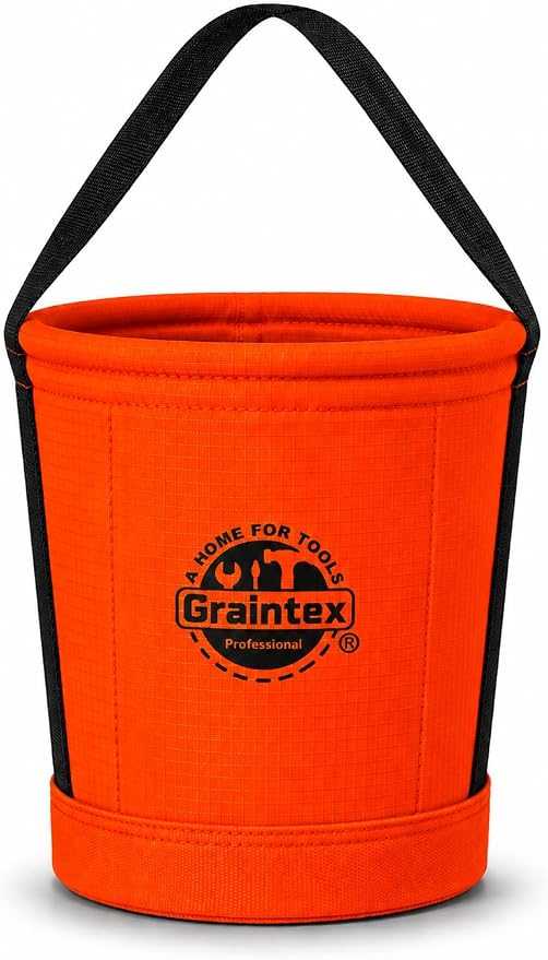 Graintex Tapered Canvas Bucket 12"x10"x15", Utility Tool Bucket 16 Inside Pockets, Reinforced Base & Carry Handle, Ripstop Canvas, Multi-Purpose Bag for Jobsite & Home Use for Tool Storage Solutions